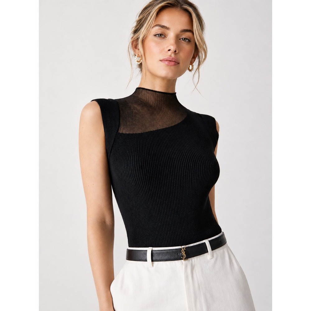 Commense Mesh Patchwork Sleeveless High Stretch Knit Top size M